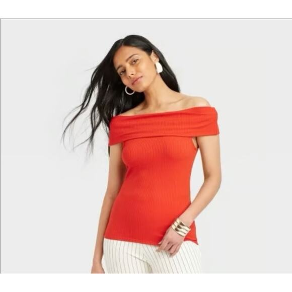 NWT A New Day Womens Top XXL Red Ribbed Stretch Knit Off Shoulder Modern Chic - Picture 2 of 9